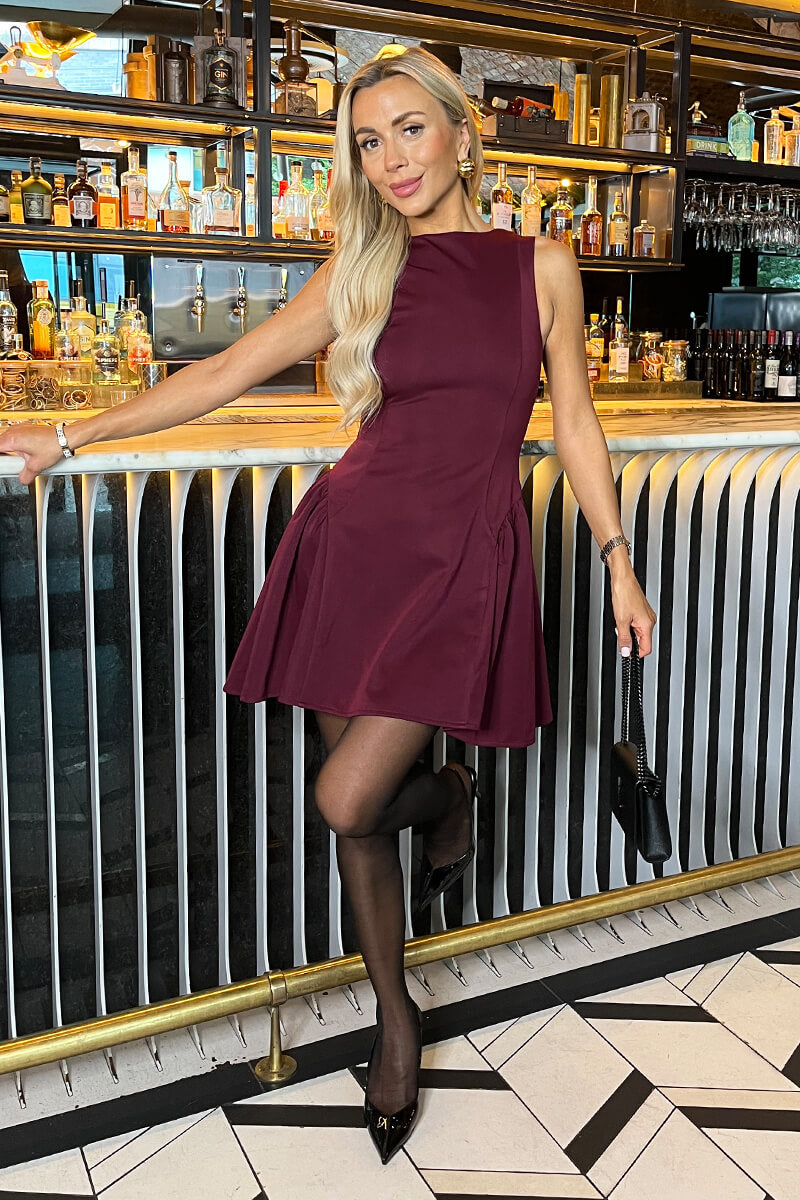 Plum Round Neck Pleated Hip Mini Dress Plum Round Neck Pleated Hip Mini Dress