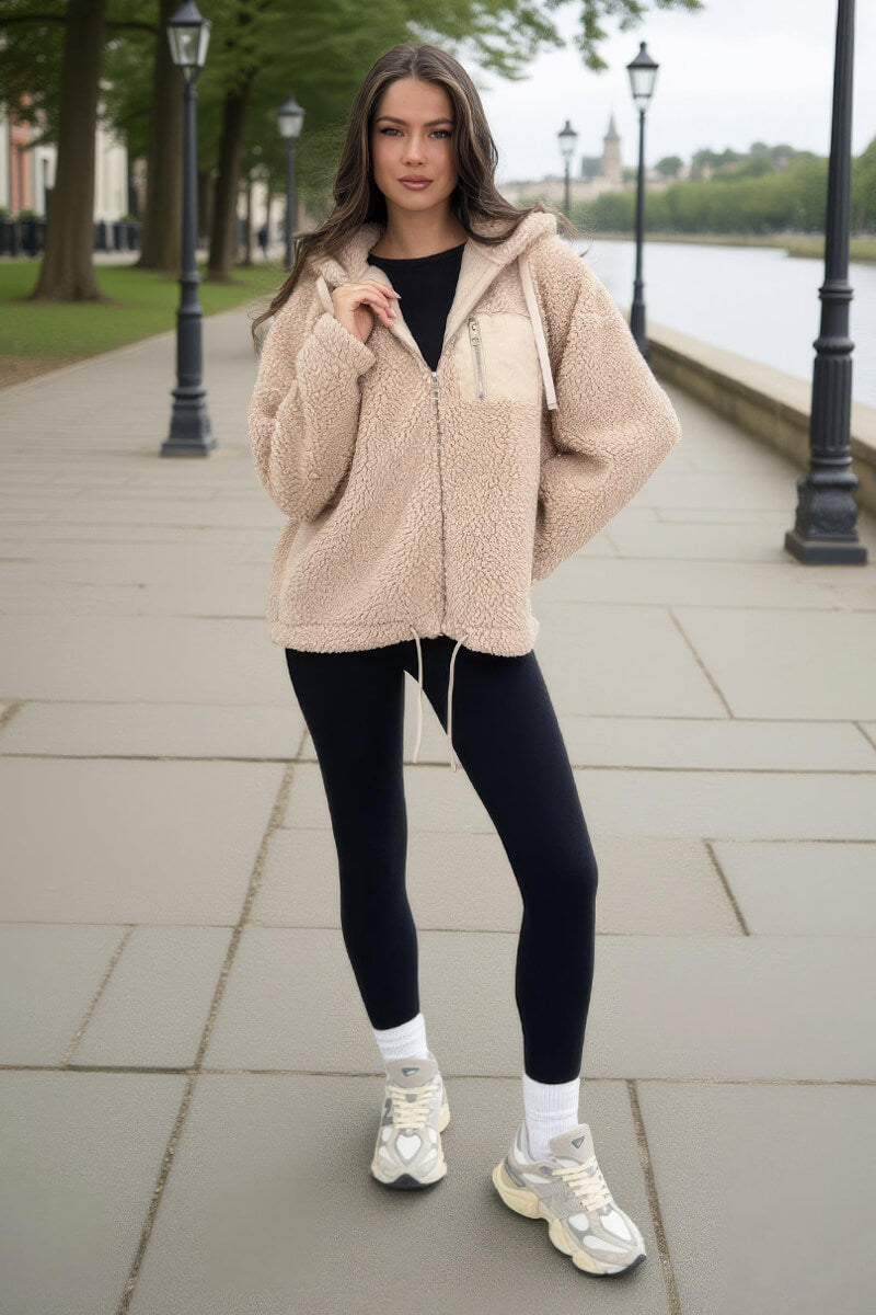 Oatmeal Pocket Detail Hooded Teddy Jacket Oatmeal Pocket Detail Hooded Teddy Jacket