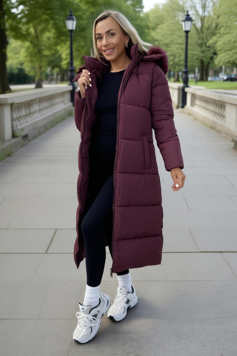 Burgundy Faux Fur Hooded Longline Padded Coat Burgundy Faux Fur Hooded Longline Padded Coat