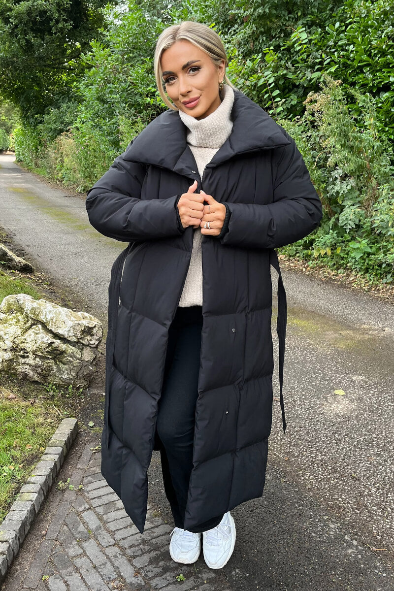 Black Tie Waist Quilted Longline Puffer Coat Black Tie Waist Quilted Longline Puffer Coat