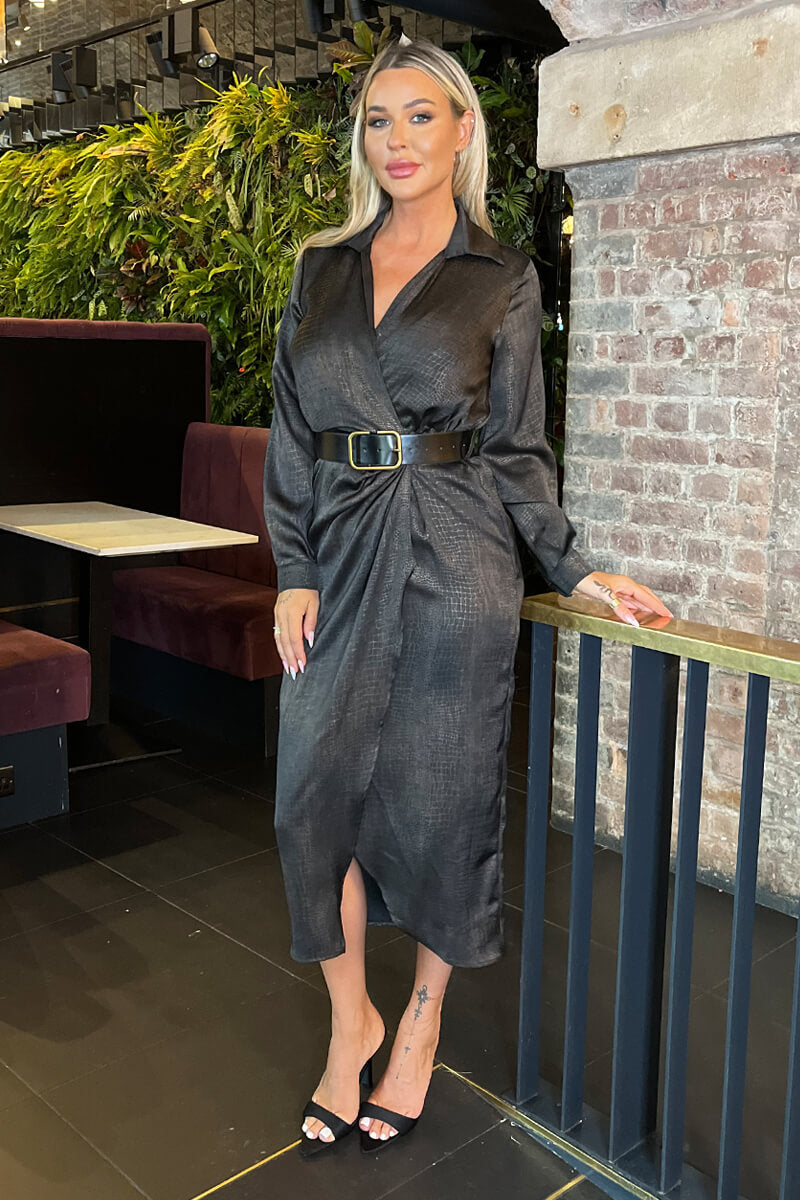 Brown Croc Pattern Wrap Shirt Belted Midi Dress Brown Croc Pattern Wrap Shirt Belted Midi Dress