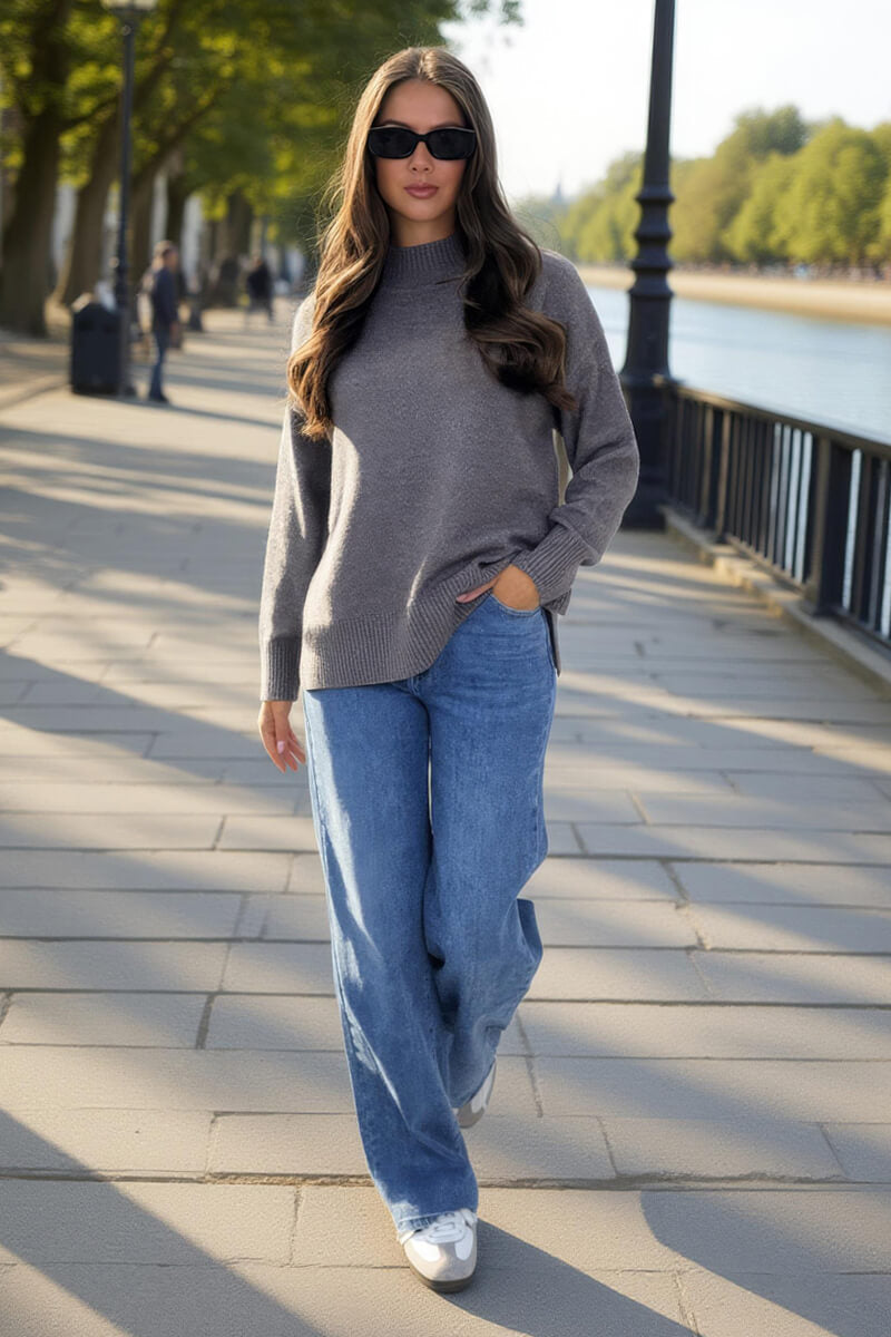 Grey Mock Neck Split Hem Jumper Grey Mock Neck Split Hem Jumper