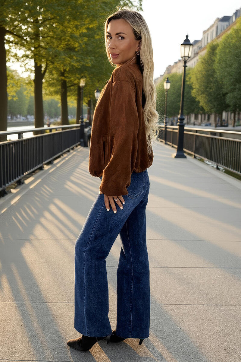 Tan Faux Suede Bubble Hem Bomber Jacket Tan Faux Suede Bubble Hem Bomber Jacket